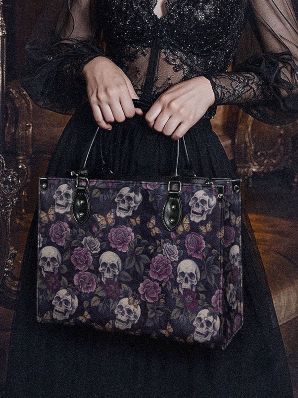 Gothic Skull & Rose Purple Tote Bag with Black Handles